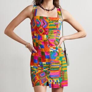 Farm Rio Summer Patches Mini Dress Linen Patchwork Button Front Small Dopamine